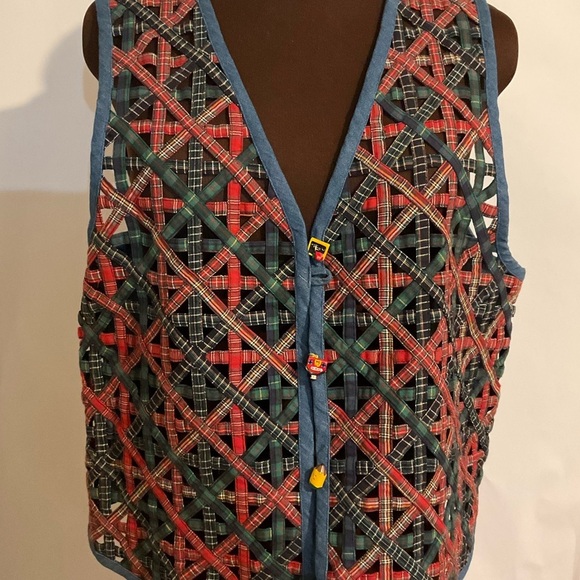 Casey & Max Vintage Vest Denim & Plaid Christmas School Large Blue Red Green - Picture 7 of 11